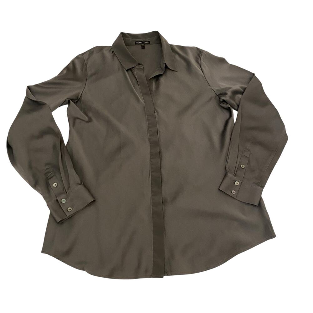 Eileen Fisher Olive Gray Brown Neutral Button-Front Silk Blend Blouse